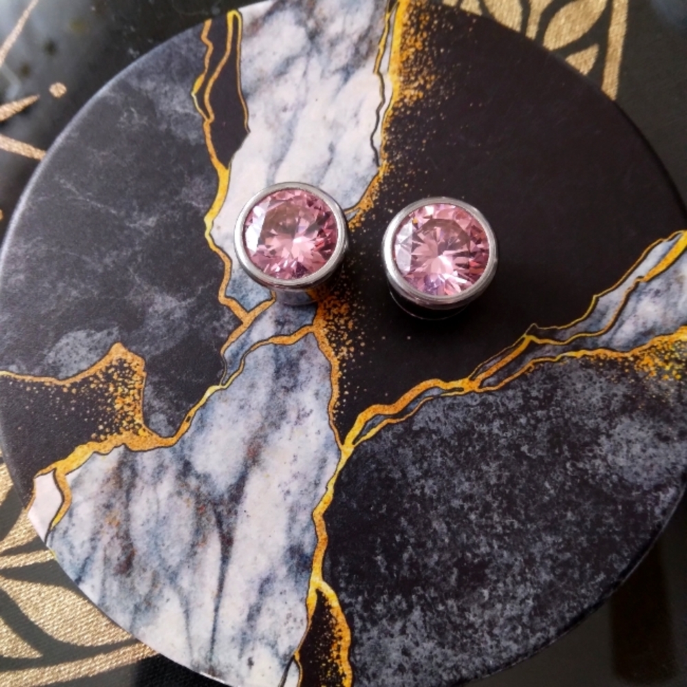 Pair 12mm Pink CZ Plugs Earrings